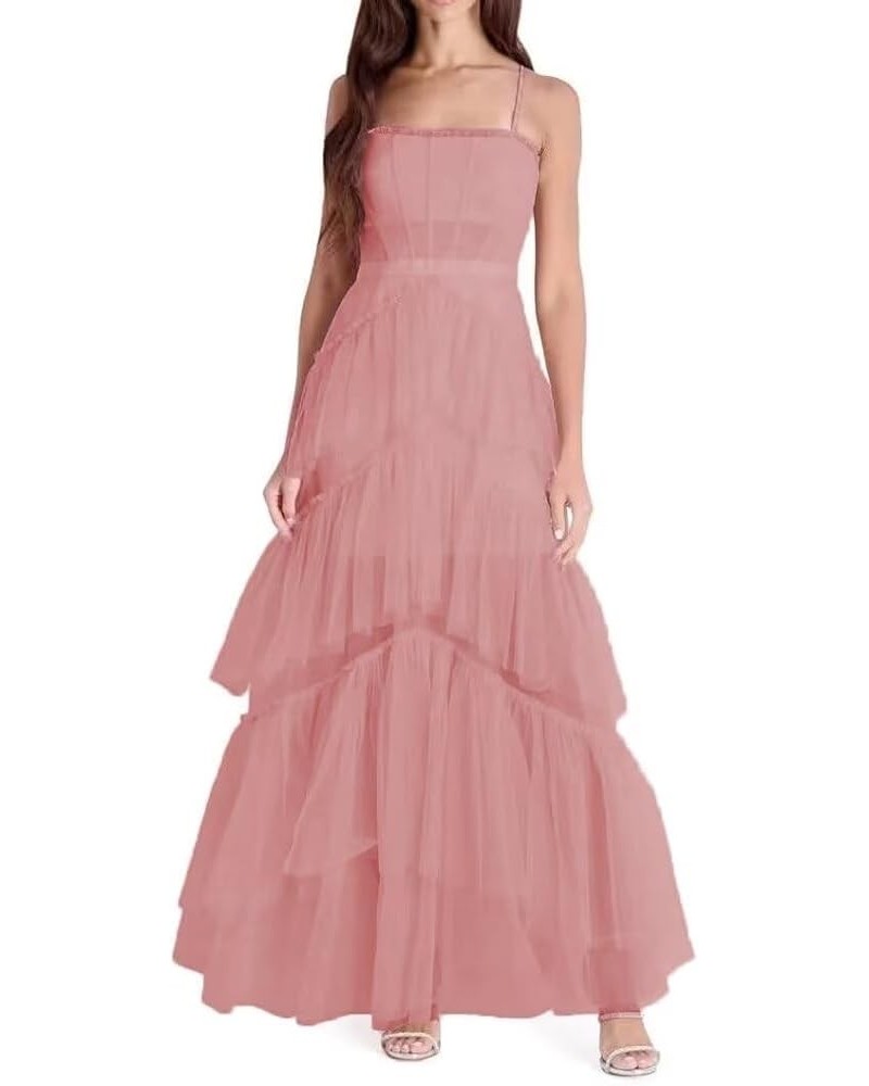 Women's Layered Ruffles Tulle Prom Dresses Long Ball Gowns Tiered Spaghetti Straps Formal Evening Dresses Dusty Rose $37.50 D...