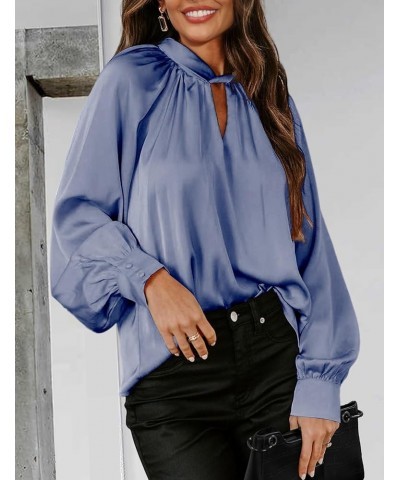 Womens Blouses Fashion 2024 Satin Silk Twisted V-Neck Long Sleeve Loose Fit Tops Casual Work Blouses Shirts Light Blue $19.71...