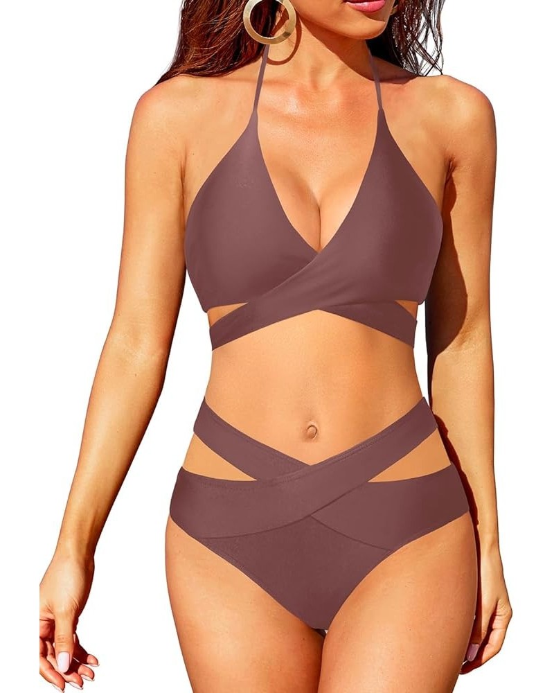 Two Piece Bikini Sets for Women Halter Wrap Criss Cross Bathing Suit High Waisted Bikini Swimsuit Brown $19.94 Swimsuits