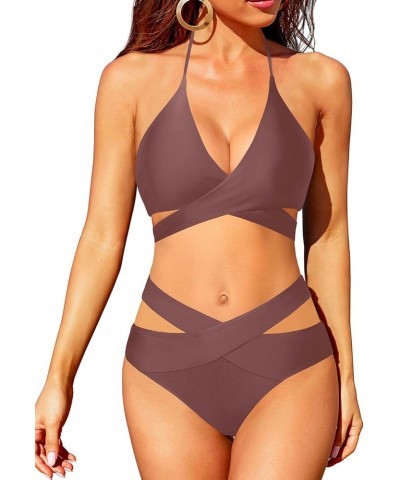 Two Piece Bikini Sets for Women Halter Wrap Criss Cross Bathing Suit High Waisted Bikini Swimsuit Brown $19.94 Swimsuits