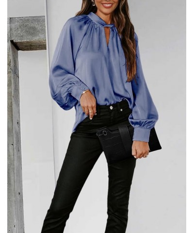 Womens Blouses Fashion 2024 Satin Silk Twisted V-Neck Long Sleeve Loose Fit Tops Casual Work Blouses Shirts Light Blue $19.71...