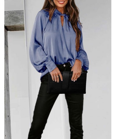 Womens Blouses Fashion 2024 Satin Silk Twisted V-Neck Long Sleeve Loose Fit Tops Casual Work Blouses Shirts Light Blue $19.71...