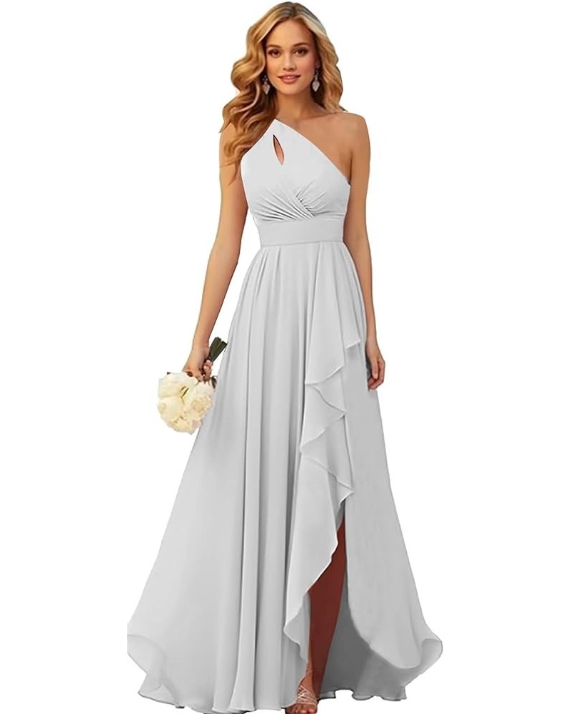 One Shoulder Chiffon Bridesmaid Dresses with Slit for Wedding Ruffle Prom Formal Dress Silver $26.54 Dresses