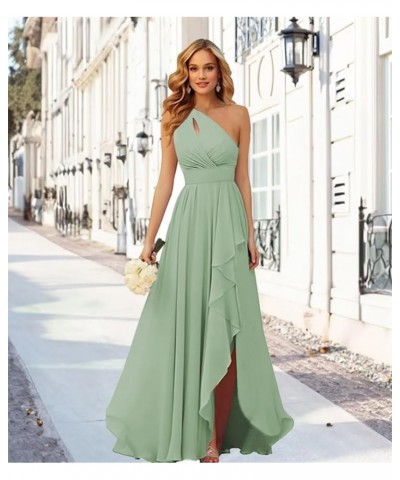 One Shoulder Chiffon Bridesmaid Dresses with Slit for Wedding Ruffle Prom Formal Dress Silver $26.54 Dresses