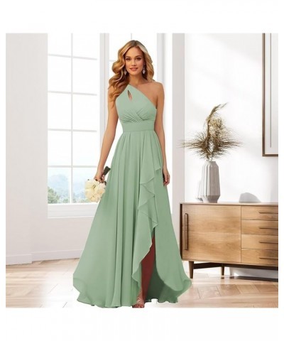 One Shoulder Chiffon Bridesmaid Dresses with Slit for Wedding Ruffle Prom Formal Dress Silver $26.54 Dresses