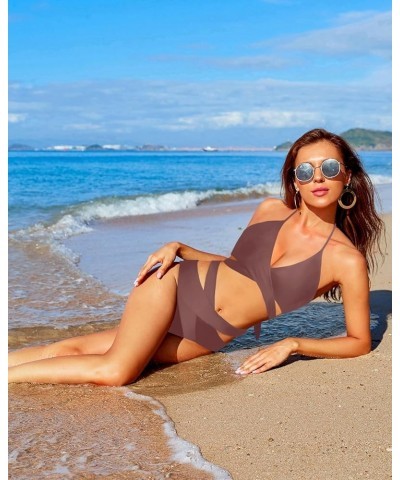 Two Piece Bikini Sets for Women Halter Wrap Criss Cross Bathing Suit High Waisted Bikini Swimsuit Brown $19.94 Swimsuits