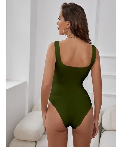 Women's Sexy Sleeveless Strappy Square Neck Double Layer Basic Bodysuit Tank Tops Army Green $11.95 Lingerie