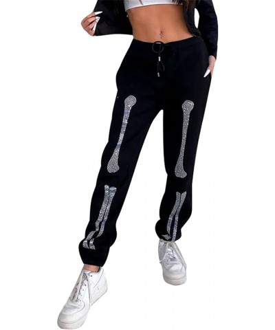 Women Printed Baggy Sweatpants Pockets High Waist Joggers Pants Contrast Color Sporty Athletic Lounge Trousers L2 Black Bones...