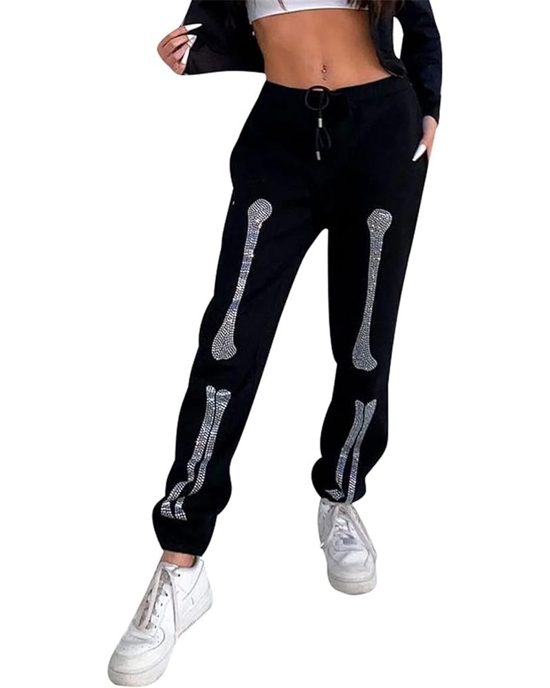 Women Printed Baggy Sweatpants Pockets High Waist Joggers Pants Contrast Color Sporty Athletic Lounge Trousers L2 Black Bones...