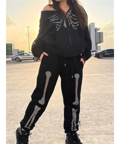 Women Printed Baggy Sweatpants Pockets High Waist Joggers Pants Contrast Color Sporty Athletic Lounge Trousers L2 Black Bones...