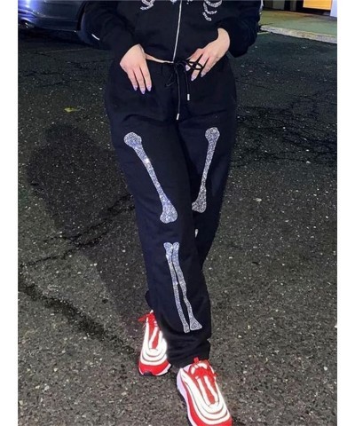 Women Printed Baggy Sweatpants Pockets High Waist Joggers Pants Contrast Color Sporty Athletic Lounge Trousers L2 Black Bones...