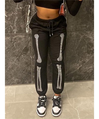 Women Printed Baggy Sweatpants Pockets High Waist Joggers Pants Contrast Color Sporty Athletic Lounge Trousers L2 Black Bones...