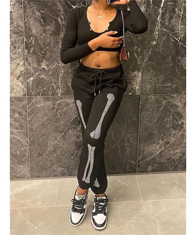 Women Printed Baggy Sweatpants Pockets High Waist Joggers Pants Contrast Color Sporty Athletic Lounge Trousers L2 Black Bones...