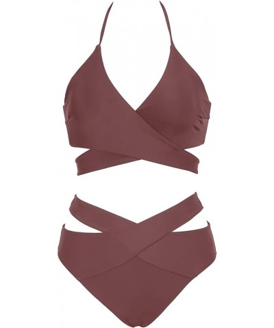 Two Piece Bikini Sets for Women Halter Wrap Criss Cross Bathing Suit High Waisted Bikini Swimsuit Brown $19.94 Swimsuits