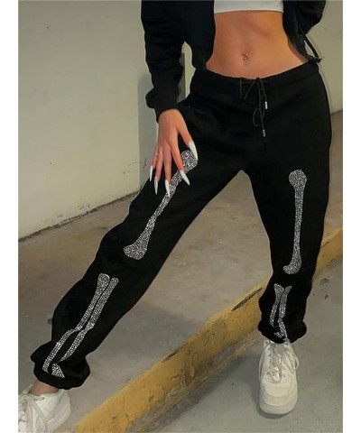 Women Printed Baggy Sweatpants Pockets High Waist Joggers Pants Contrast Color Sporty Athletic Lounge Trousers L2 Black Bones...