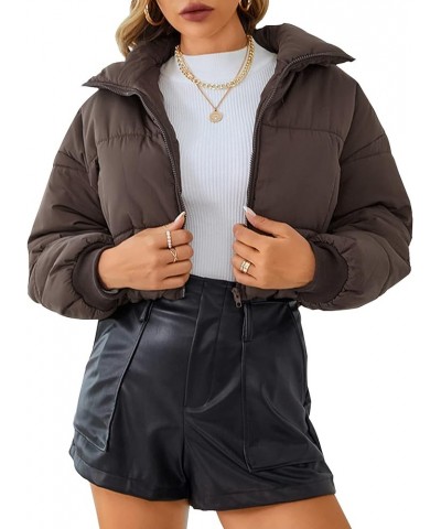 Women's Cropped Puffer Jacket Zip Up Stand Collar Padded Winter Coats Lightweight Quilted Outwear Brown $8.54 Jackets