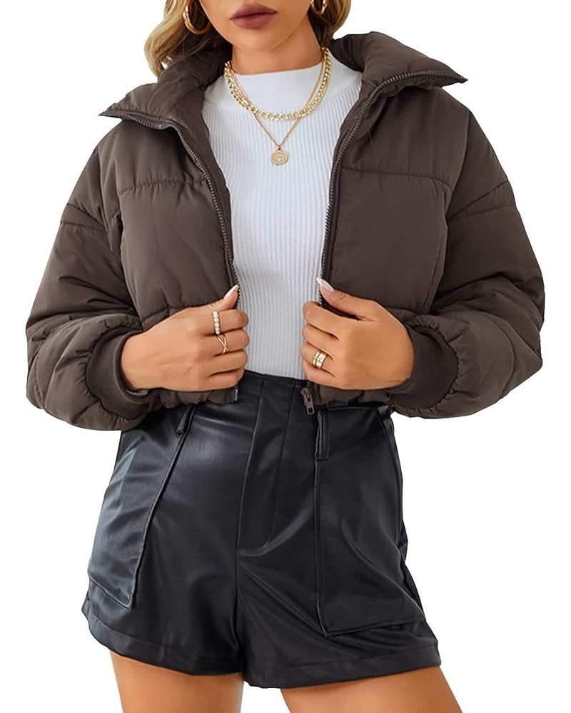 Women's Cropped Puffer Jacket Zip Up Stand Collar Padded Winter Coats Lightweight Quilted Outwear Brown $8.54 Jackets