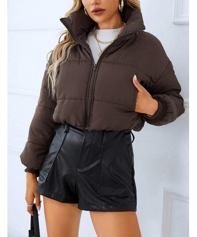 Women's Cropped Puffer Jacket Zip Up Stand Collar Padded Winter Coats Lightweight Quilted Outwear Brown $8.54 Jackets