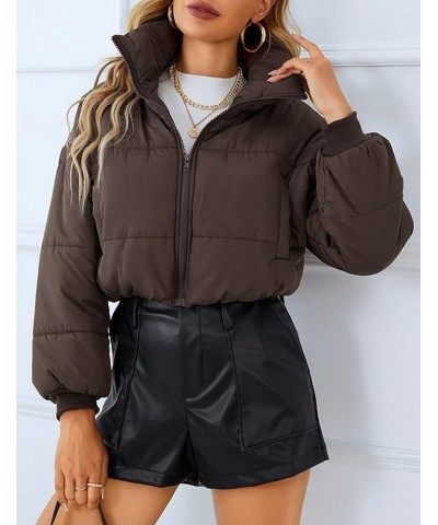 Women's Cropped Puffer Jacket Zip Up Stand Collar Padded Winter Coats Lightweight Quilted Outwear Brown $8.54 Jackets