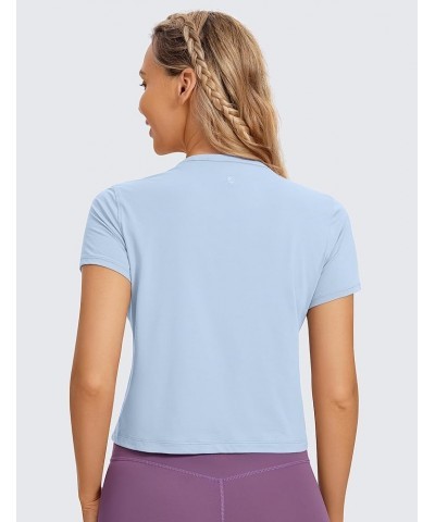 Women's Pima Cotton Short Sleeve Crop Tops High Neck Cropped Workout Tops Yoga Athletic Shirts Casual T-Shirt Blue Linen $16....