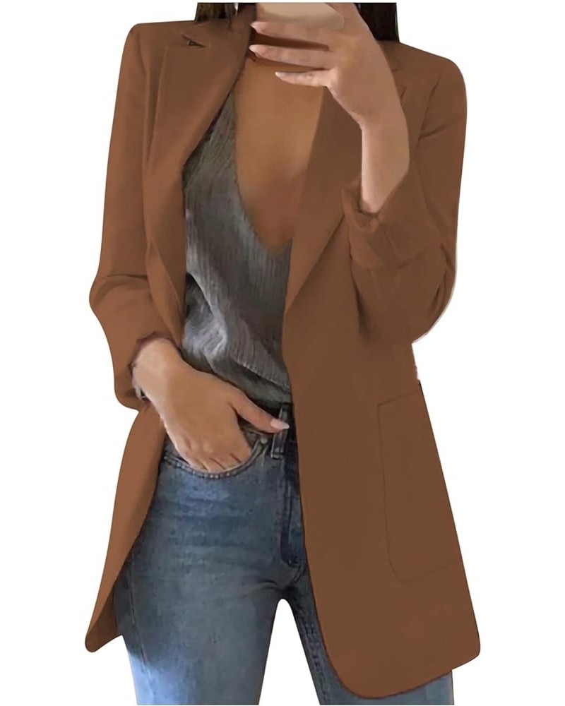 Blazer Jackets for Women Casual Trendy Open Front Outfits Plus Size Lapel Long Sleeve Office Workout Jacket Cardigan 01-brown...