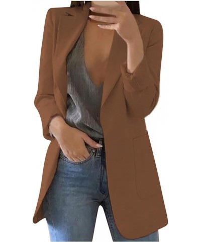 Blazer Jackets for Women Casual Trendy Open Front Outfits Plus Size Lapel Long Sleeve Office Workout Jacket Cardigan 01-brown...