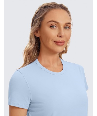 Women's Pima Cotton Short Sleeve Crop Tops High Neck Cropped Workout Tops Yoga Athletic Shirts Casual T-Shirt Blue Linen $16....