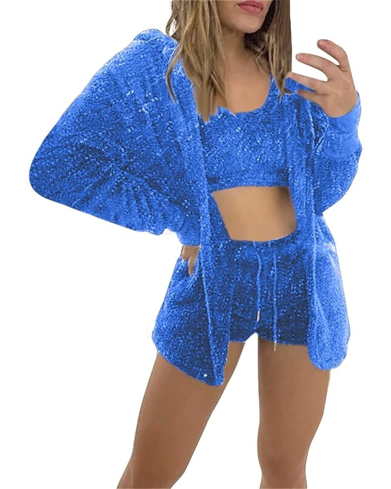 2 Piece Outfits for Women Casual Solid Color Drawstring Plush Vest Shorts Coat Three Piece Suit 2-blue $18.24 Lingerie