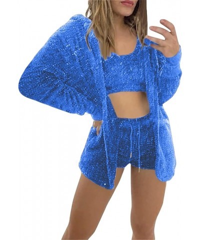 2 Piece Outfits for Women Casual Solid Color Drawstring Plush Vest Shorts Coat Three Piece Suit 2-blue $18.24 Lingerie