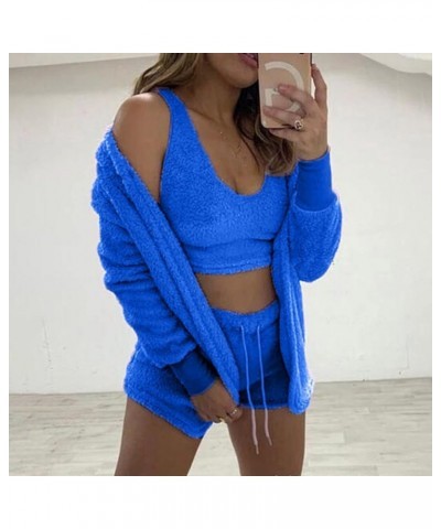 2 Piece Outfits for Women Casual Solid Color Drawstring Plush Vest Shorts Coat Three Piece Suit 2-blue $18.24 Lingerie