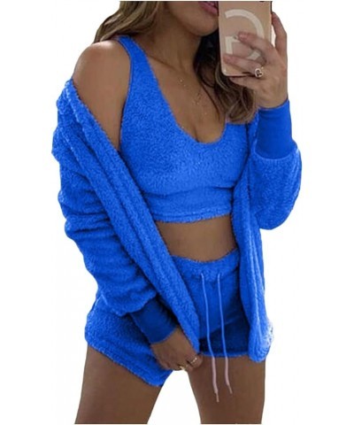 2 Piece Outfits for Women Casual Solid Color Drawstring Plush Vest Shorts Coat Three Piece Suit 2-blue $18.24 Lingerie