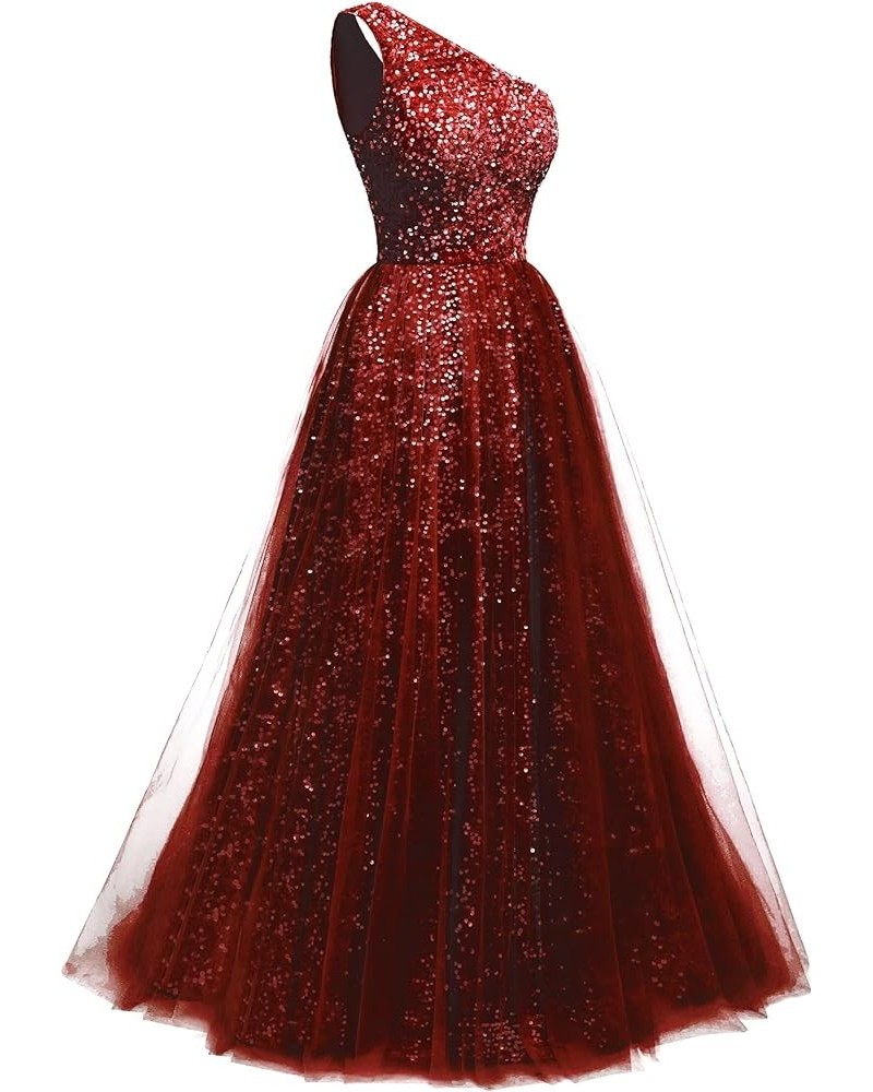 One Shoulder Sequins Prom Dresses 2024 Long A-Line Tulle Sparkly Formal Evening Dresses Ball Gowns for Women Burgudy $36.12 D...