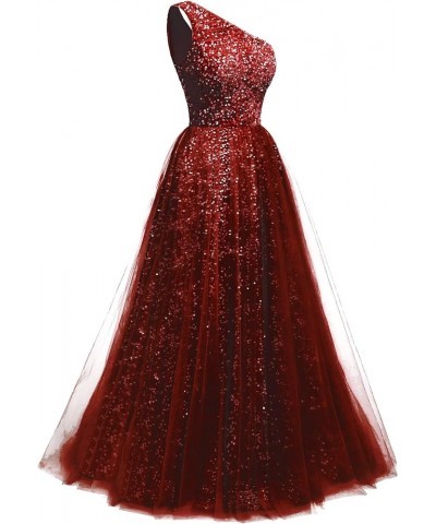 One Shoulder Sequins Prom Dresses 2024 Long A-Line Tulle Sparkly Formal Evening Dresses Ball Gowns for Women Burgudy $36.12 D...