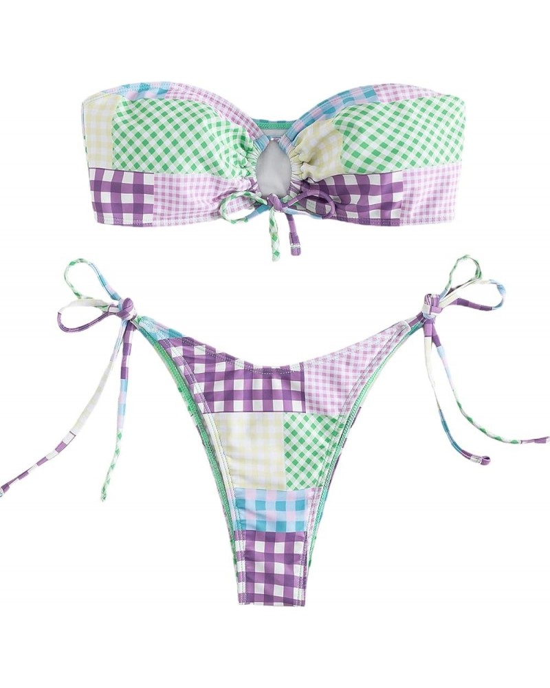 Women's 2 Pieces Bandeau Swimsuits Tie Front High Cut Bikini Bathing Suit Plaid Colorblock $19.37 Swimsuits