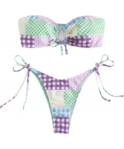 Women's 2 Pieces Bandeau Swimsuits Tie Front High Cut Bikini Bathing Suit Plaid Colorblock $19.37 Swimsuits