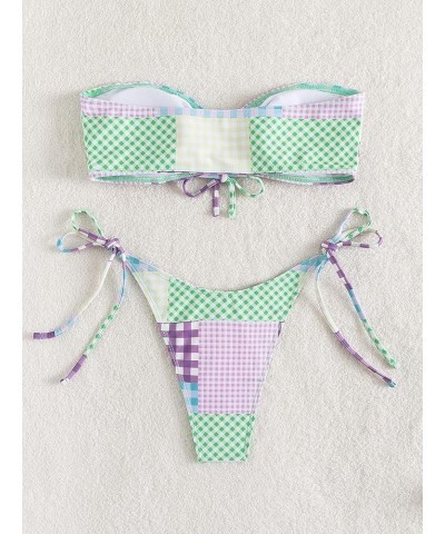 Women's 2 Pieces Bandeau Swimsuits Tie Front High Cut Bikini Bathing Suit Plaid Colorblock $19.37 Swimsuits