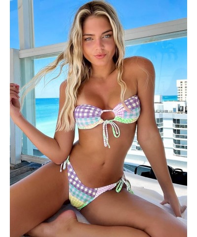 Women's 2 Pieces Bandeau Swimsuits Tie Front High Cut Bikini Bathing Suit Plaid Colorblock $19.37 Swimsuits