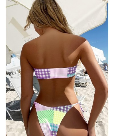 Women's 2 Pieces Bandeau Swimsuits Tie Front High Cut Bikini Bathing Suit Plaid Colorblock $19.37 Swimsuits