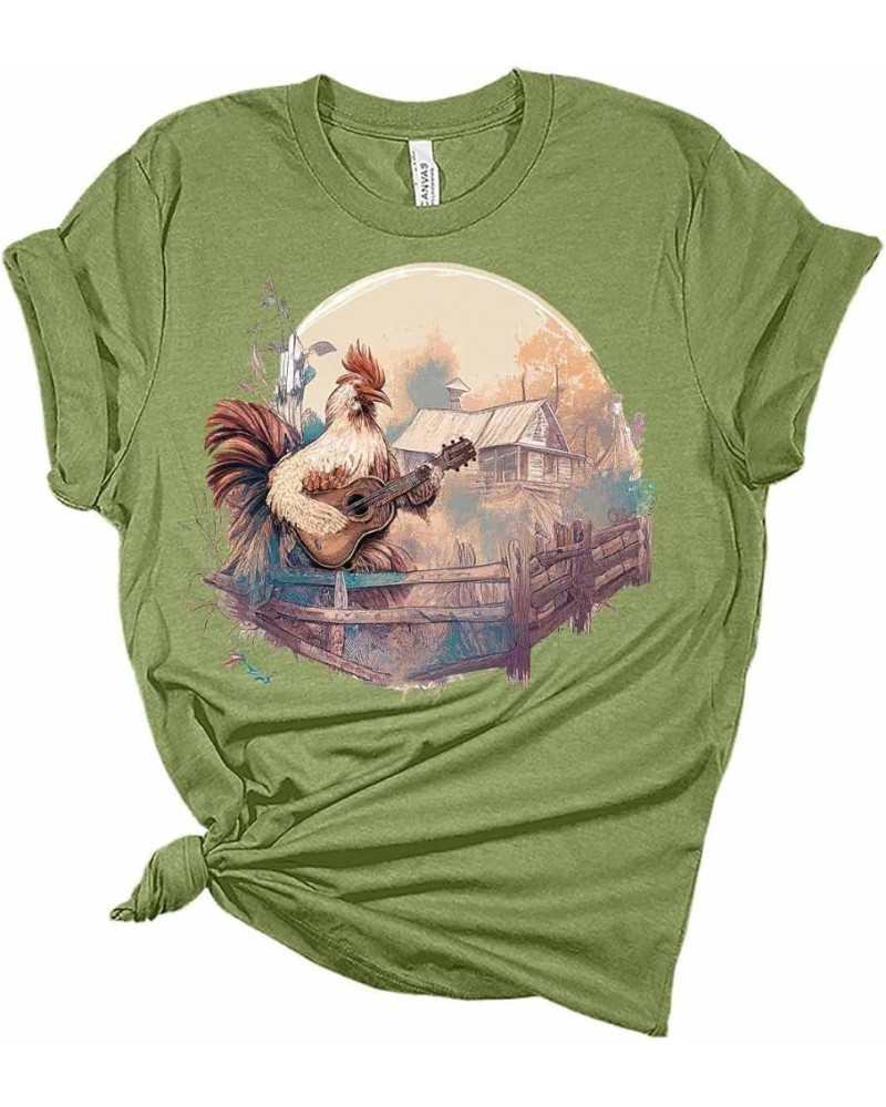 Womens Cottagecore Shirt Rooster Playing Guitar T-Shirt Aesthetic Graphic Tee Short Sleeve Top Heather Green $12.58 Activewear