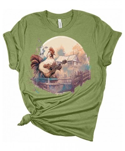 Womens Cottagecore Shirt Rooster Playing Guitar T-Shirt Aesthetic Graphic Tee Short Sleeve Top Heather Green $12.58 Activewear