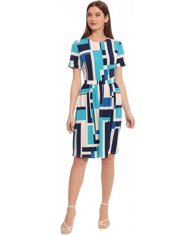 Women's Short Sleeve Matte Jersey Dress Career Workwear Office Occasion Event Guest of Cream/Peacock Blue $46.48 Dresses