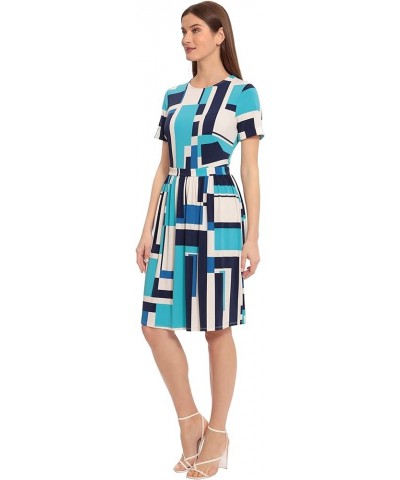 Women's Short Sleeve Matte Jersey Dress Career Workwear Office Occasion Event Guest of Cream/Peacock Blue $46.48 Dresses