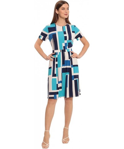 Women's Short Sleeve Matte Jersey Dress Career Workwear Office Occasion Event Guest of Cream/Peacock Blue $46.48 Dresses