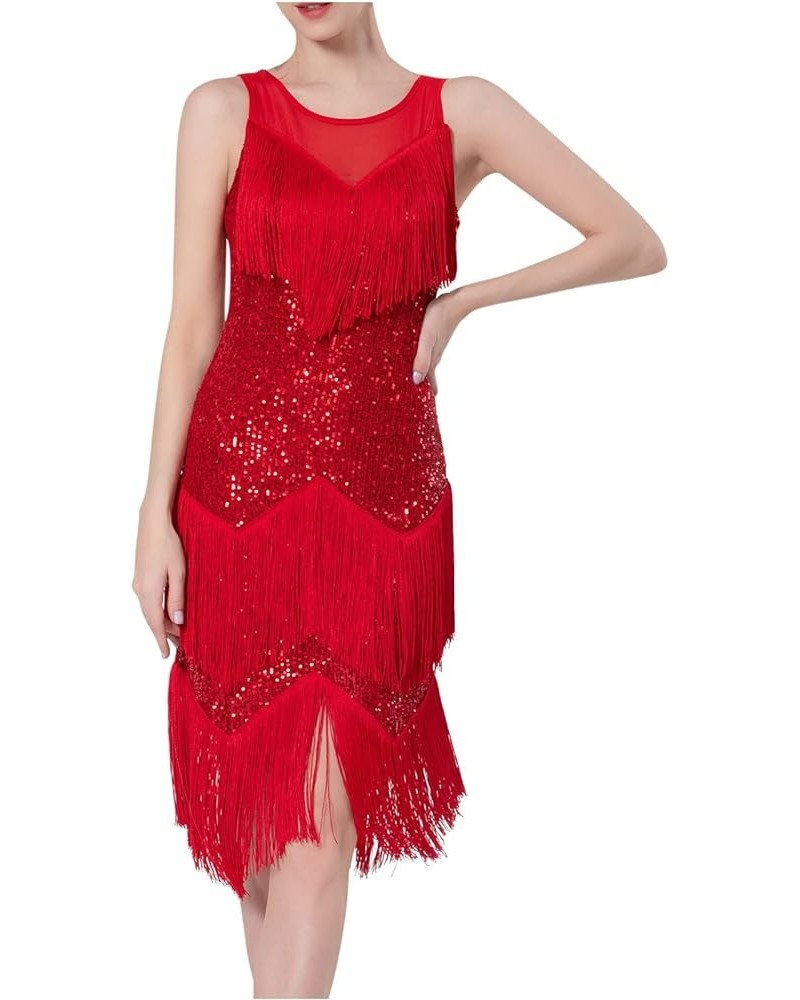 Women's Tassels Cocktail Dresses Sleeveless 1920s Flapper Dress Fringed Long Dress Elegant Party Prom Evening Dress 2-red $15...