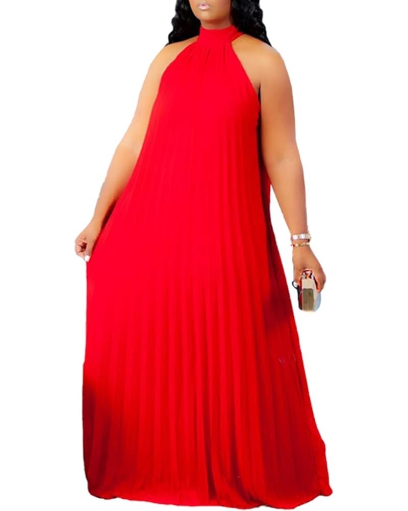 Plus Size Maxi Dresses for Women Sleeveless Halter Neck Chiffon Pleated Loose Flowy Long Summer Beach Dresses Red $18.49 Dresses