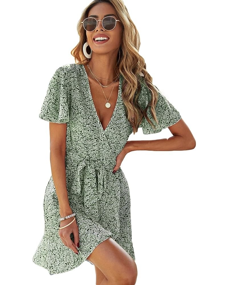 Women's Short Sleeve V Neck All Over Print High Waist A Line Summer Short Dress Green Floral $23.36 Dresses