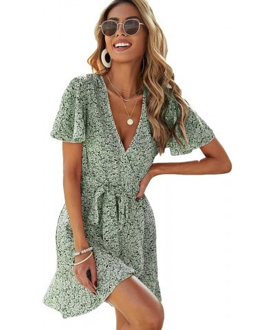 Women's Short Sleeve V Neck All Over Print High Waist A Line Summer Short Dress Green Floral $23.36 Dresses