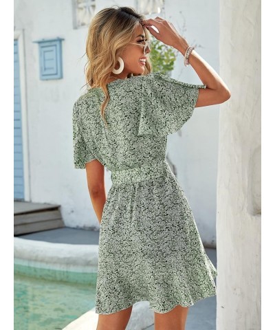 Women's Short Sleeve V Neck All Over Print High Waist A Line Summer Short Dress Green Floral $23.36 Dresses