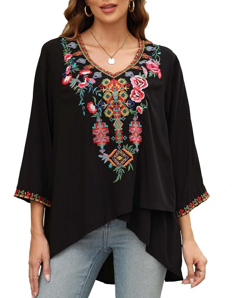 Women's Boho Embroidered Peasant Tops 3/4 Sleeve V Neck Mexican Bohemian Shirts Tunics Blouses Black-706 $27.00 Blouses