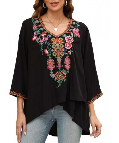 Women's Boho Embroidered Peasant Tops 3/4 Sleeve V Neck Mexican Bohemian Shirts Tunics Blouses Black-706 $27.00 Blouses